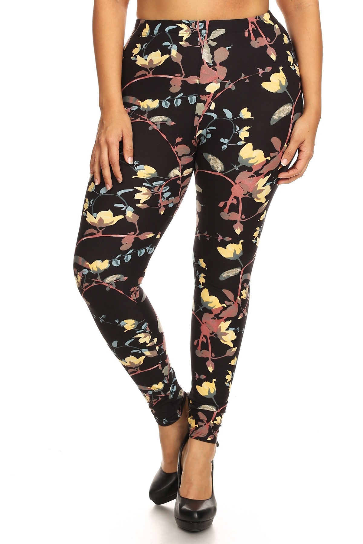 Plus Size Floral Print, Full Length Leggings In A Slim Fitting Style With A Banded High Waist Bottoms jehouze 