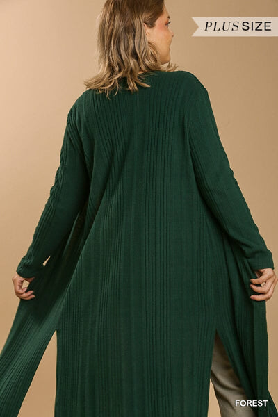 Plus Size Forest Green Long Sleeve Open Front Extra Long Cardigan