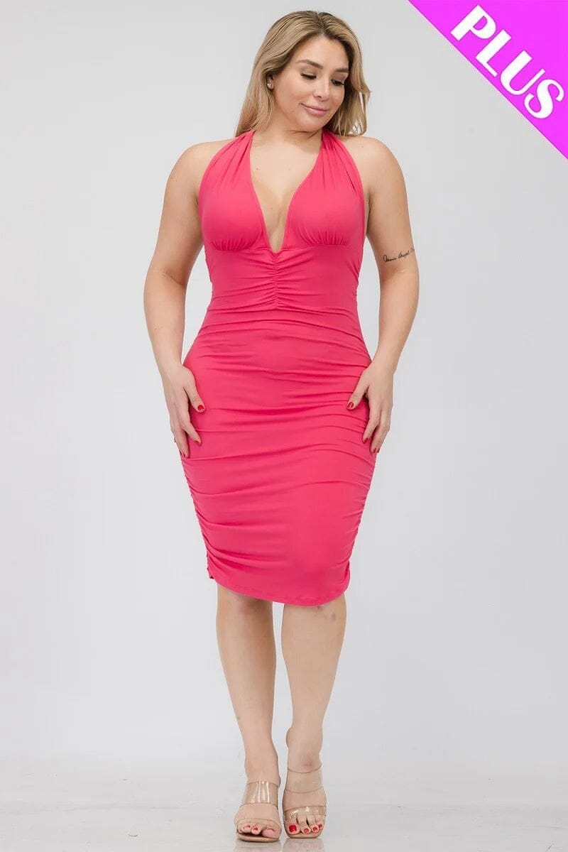 Plus Size Fuchsia Deep Neck Crisscross Back Ruched Bodycon Clubwear Mini Dress Dresses jehouze 