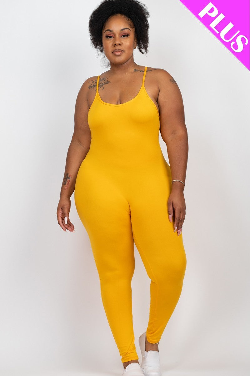 Plus Size Golden Yellow Spaghetti Strap Solid Bodycon Cami Jumpsuit Jumpsuits & Rompers jehouze 