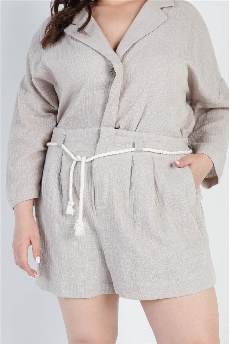 Plus Size Grey Button-up Collared Neck Blazer and High Waist Shorts Set Matching Sets jehouze 