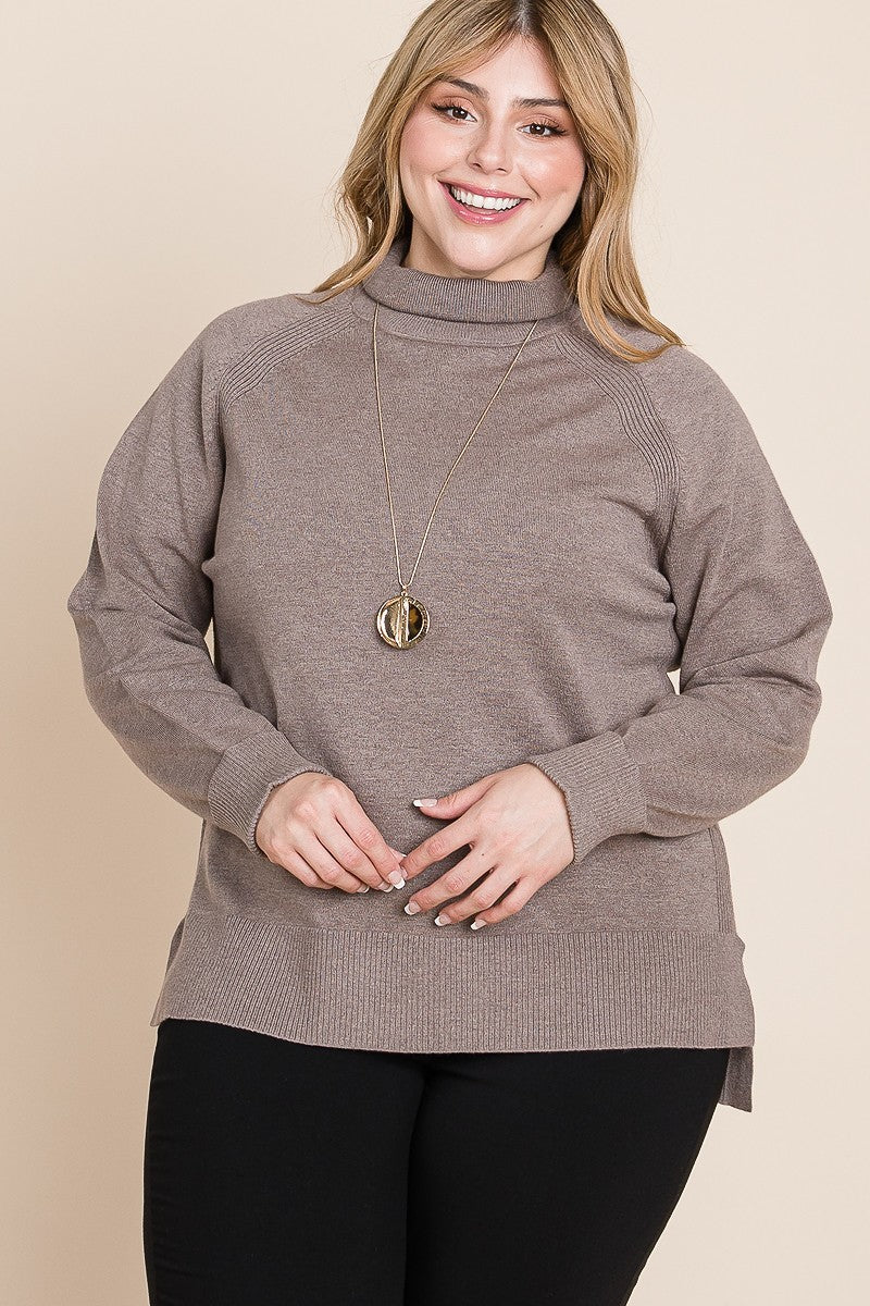 Plus Size High Quality Buttery Soft Solid Knit Turtleneck Two Tone High Low Hem Sweater Shirts & Tops jehouze 