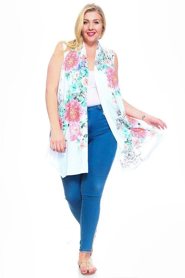 Plus Size Light Blue Floral Print, Open Front Vest With An Asymmetric Hem. Coats & Jackets jehouze 
