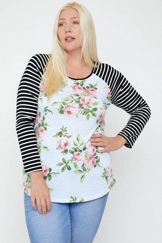 Plus Size Light Blue Floral Top Featuring Raglan Style Striped Sleeves And A Round Neck Shirts & Tops jehouze 