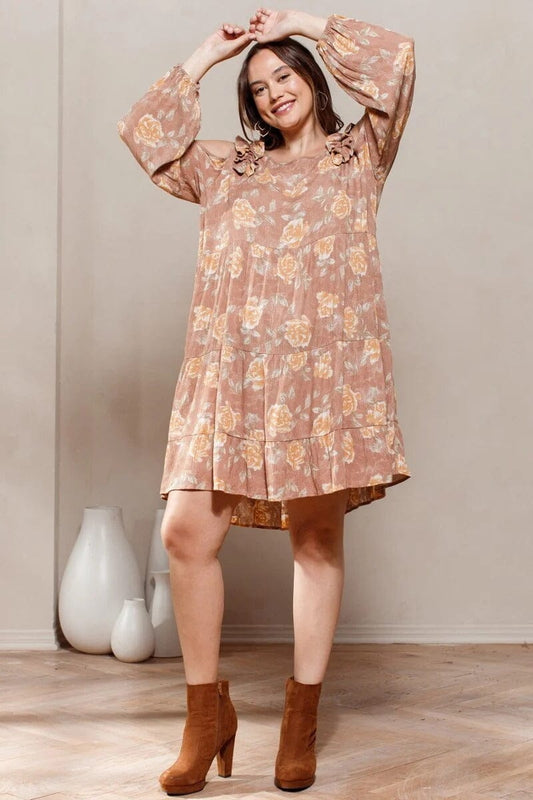 Plus Size Light Clay Brown Floral Cold Shoulder Long Sleeve Babydoll Dress jehouze 