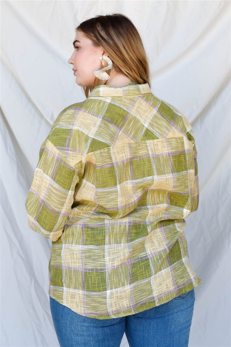 Plus Size Lime Green Cotton & Linen Blend Textured Plaid Shirt Top Shirts & Tops jehouze 