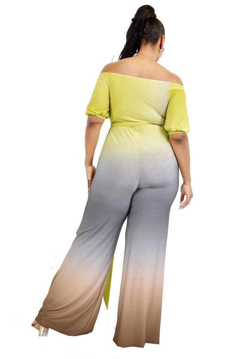 Plus Size Lime Grey Brown Gradient Summer Off Shoulder Waist Tie Loose Wide Leg Pants Sets Matching Sets jehouze 