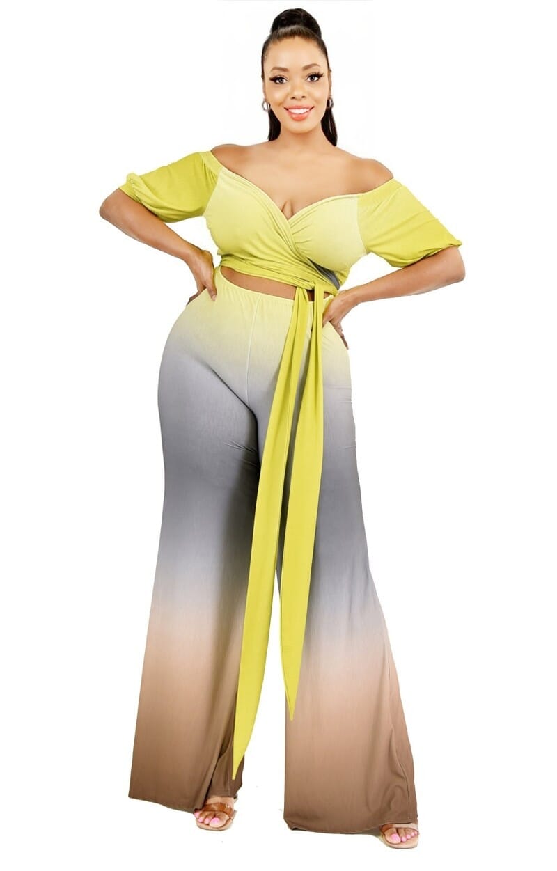 Plus Size Lime Grey Brown Gradient Summer Off Shoulder Waist Tie Loose Wide Leg Pants Sets Matching Sets jehouze 