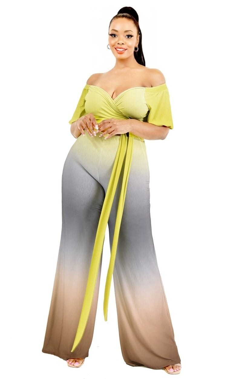 Plus Size Lime Grey Brown Gradient Summer Off Shoulder Waist Tie Loose Wide Leg Pants Sets Matching Sets jehouze 