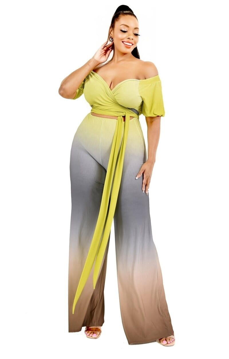 Plus Size Lime Grey Brown Gradient Summer Off Shoulder Waist Tie Loose Wide Leg Pants Sets Matching Sets jehouze 