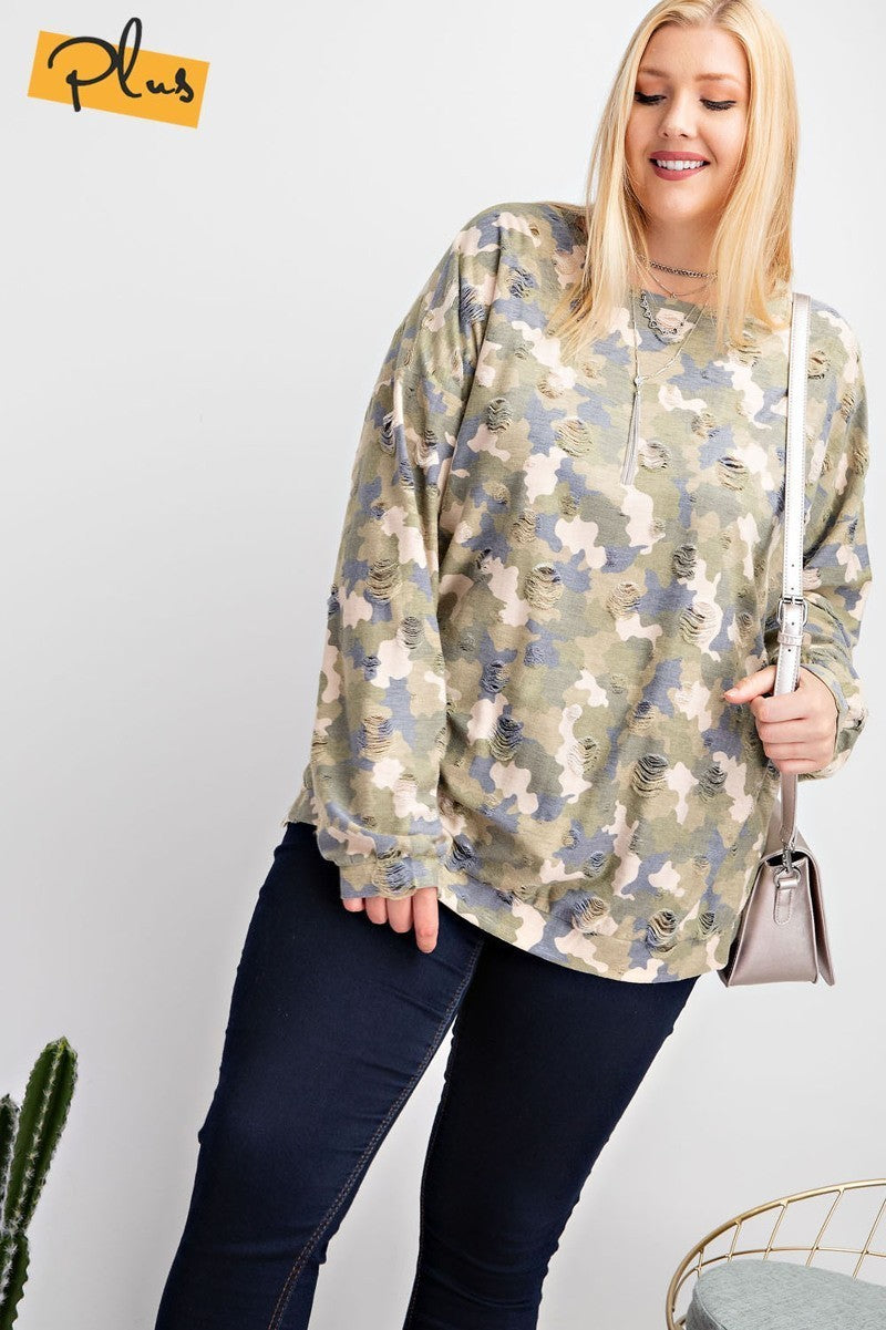 Plus Size Long Sleeve Distressed Printed Rayon Pullover Top Shirts & Tops jehouze 