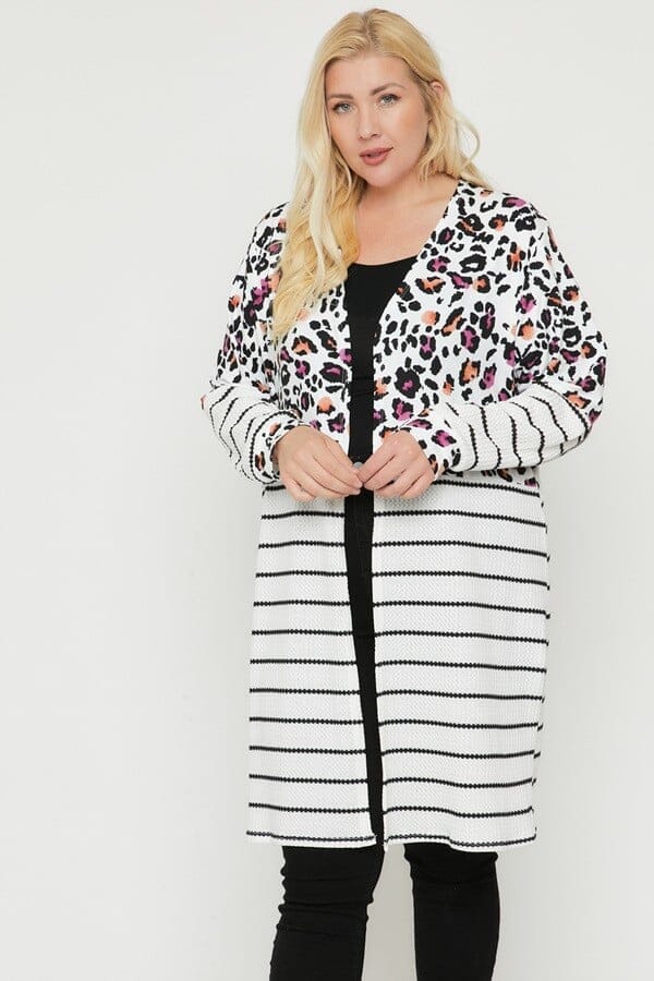 Plus Size Multi color Cheetah Stripe Long sleeves open front Long cardigan jehouze 