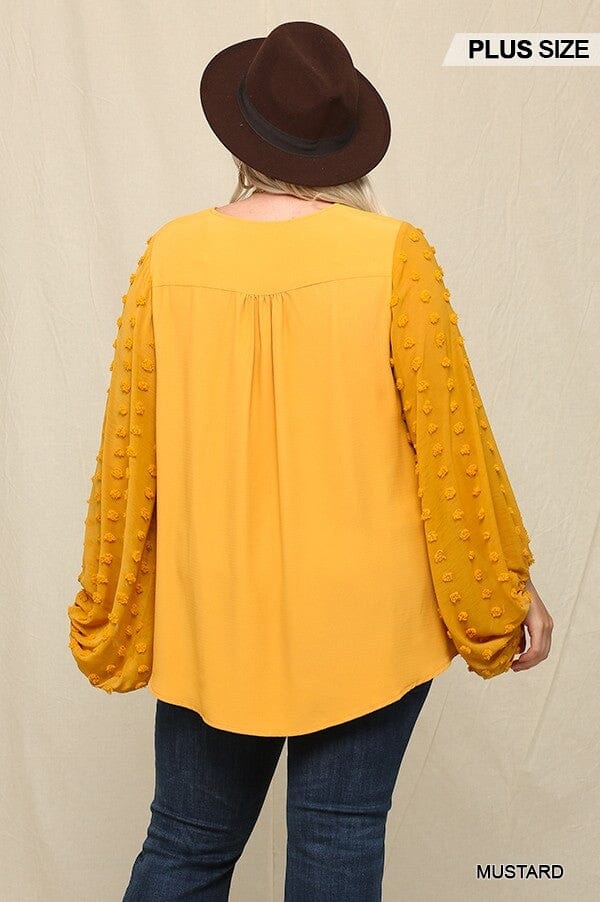 Plus Size Mustard Yellow Woven And Textured Chiffon Top With Voluminous Sheer Sleeves Top jehouze 