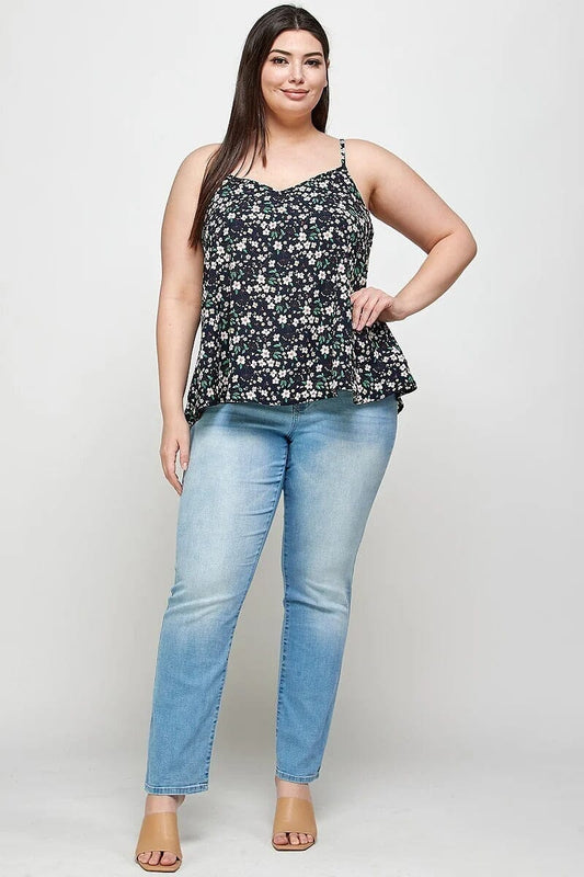Plus Size Navy Blue Ditsy Floral Spaghetti Strap Cami Top Shirts & Tops jehouze 