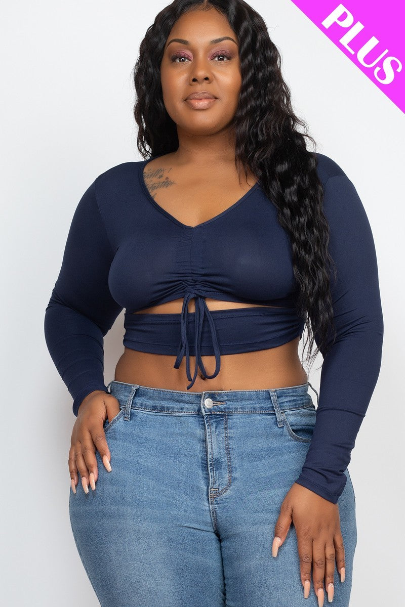 Plus Size Navy Blue Drawstring Ruched Cutout V Neck Long Sleeve Crop Top Shirts & Tops jehouze 