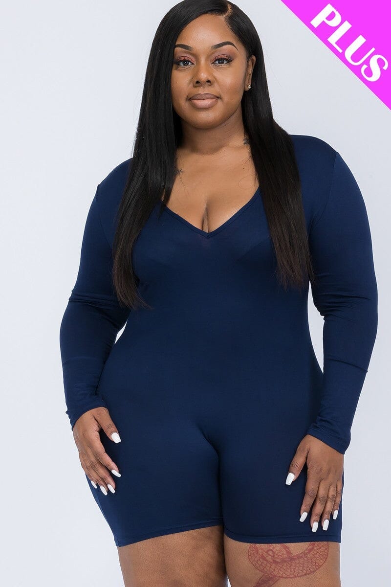 Plus Size Navy Blue V neck Long Sleeve one piece Bodycon Romper Jumpsuits & Rompers jehouze 