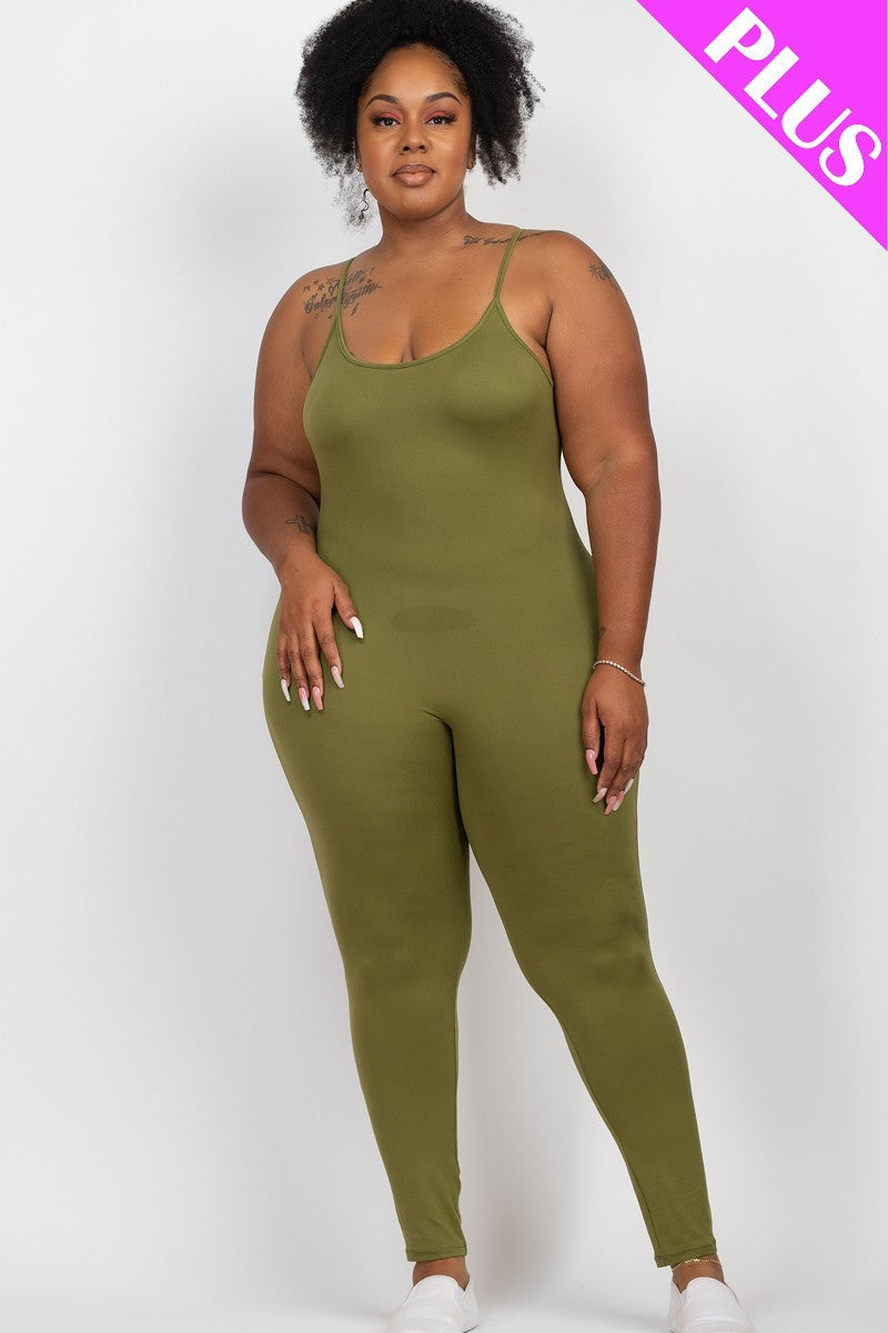 Plus Size Olive Branch Green Spaghetti Strap Solid Bodycon Cami Jumpsuit Jumpsuits & Rompers jehouze 