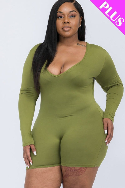 Plus Size Olive Branch Green V neck Long Sleeve one piece Bodycon Romper Jumpsuits & Rompers jehouze 