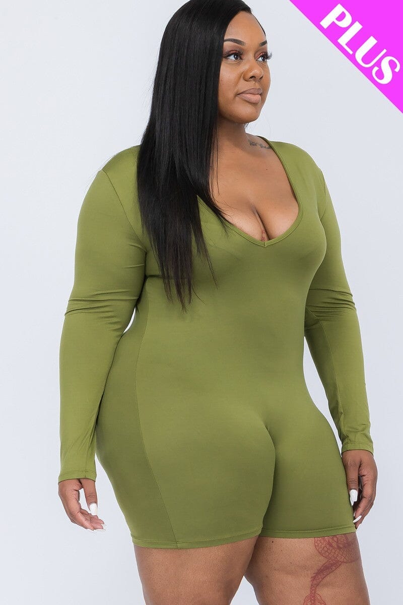 Plus Size Olive Branch Green V neck Long Sleeve one piece Bodycon