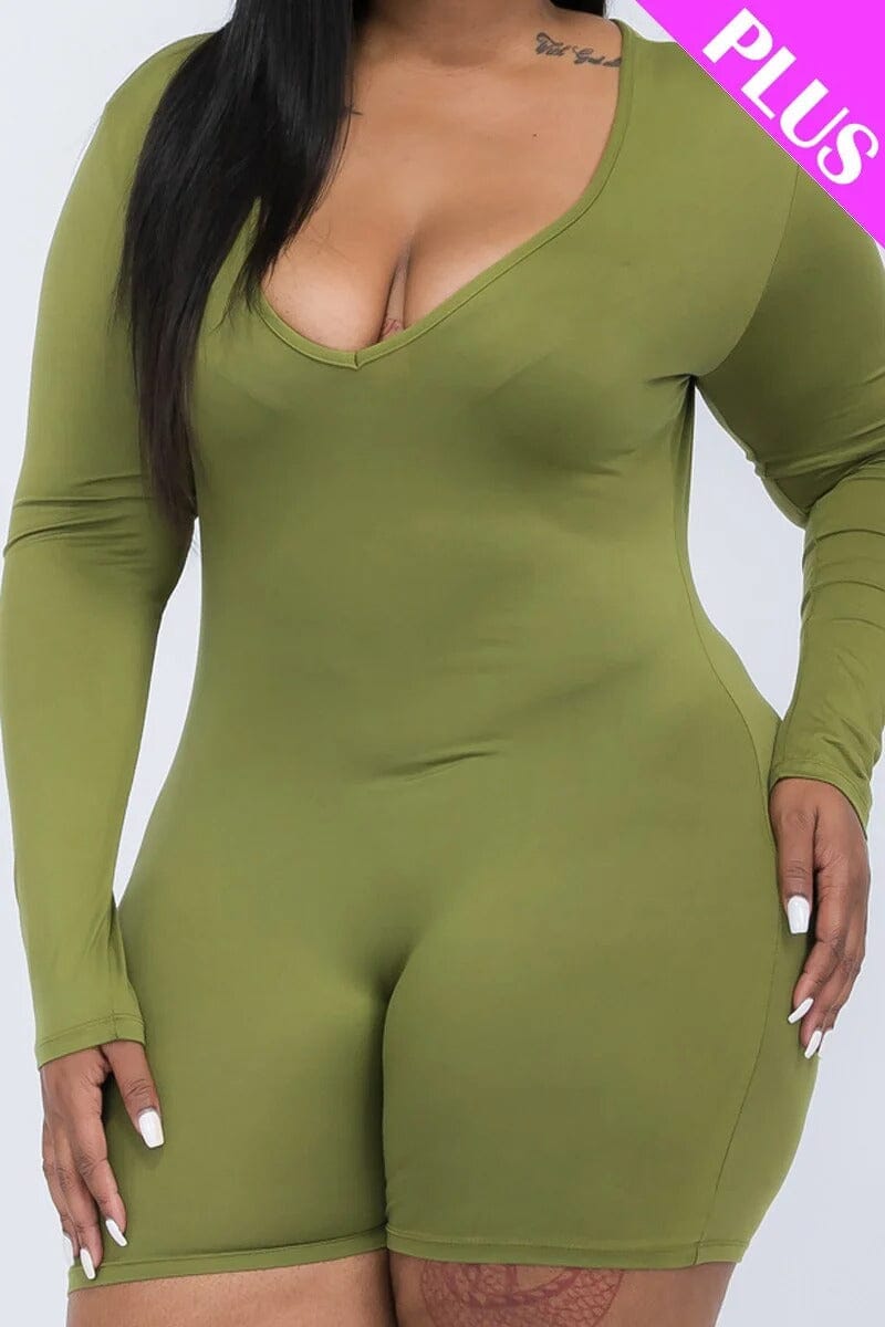 Plus Size Olive Branch Green V neck Long Sleeve one piece Bodycon Romper Jumpsuits & Rompers jehouze 