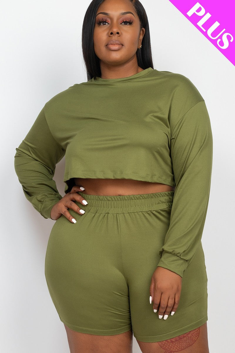 Plus Size Olive Green Cozy Crop Top And Shorts Set Matching Sets jehouze 