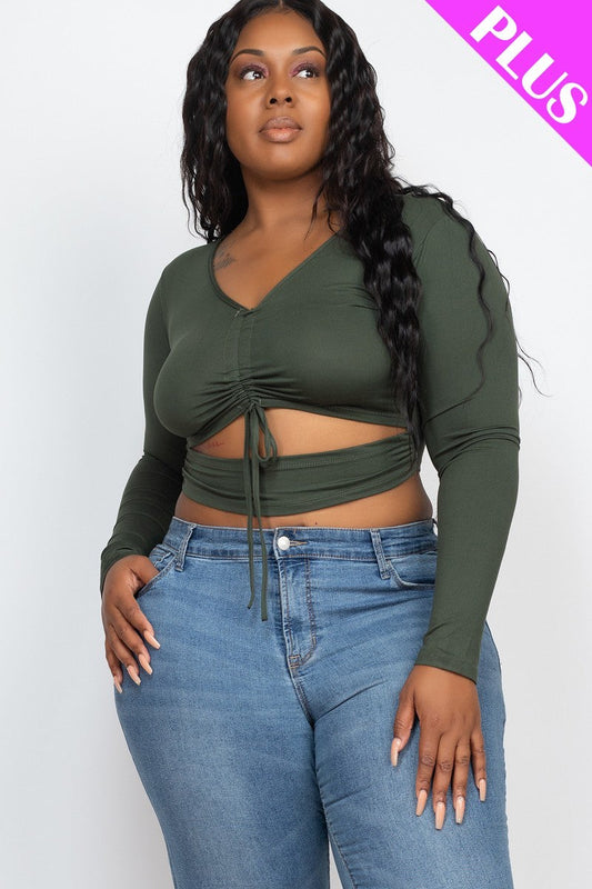 Plus Size Olive Green Drawstring Ruched Cutout V Neck Long Sleeve Crop Top Shirts & Tops jehouze 