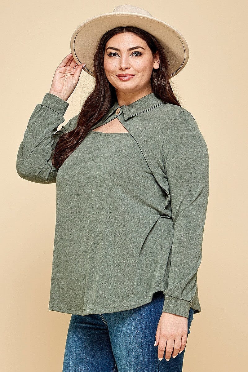 Plus Size Olive Green Long Sleeve Cut Out Collar Button Neckline Top Shirts & Tops jehouze 