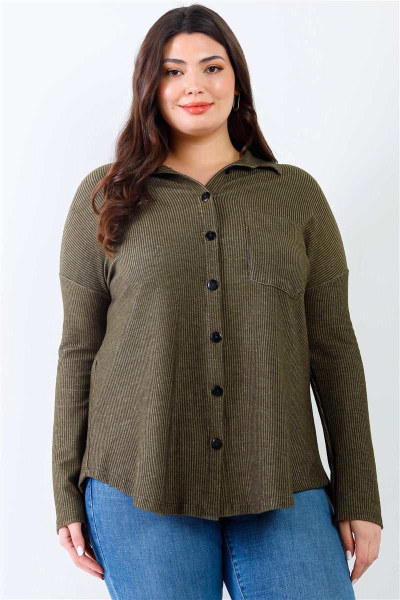 Plus Size Olive Green Ribbed Long sleeve Collared Button Up Shirt Top Shirts & Tops jehouze 