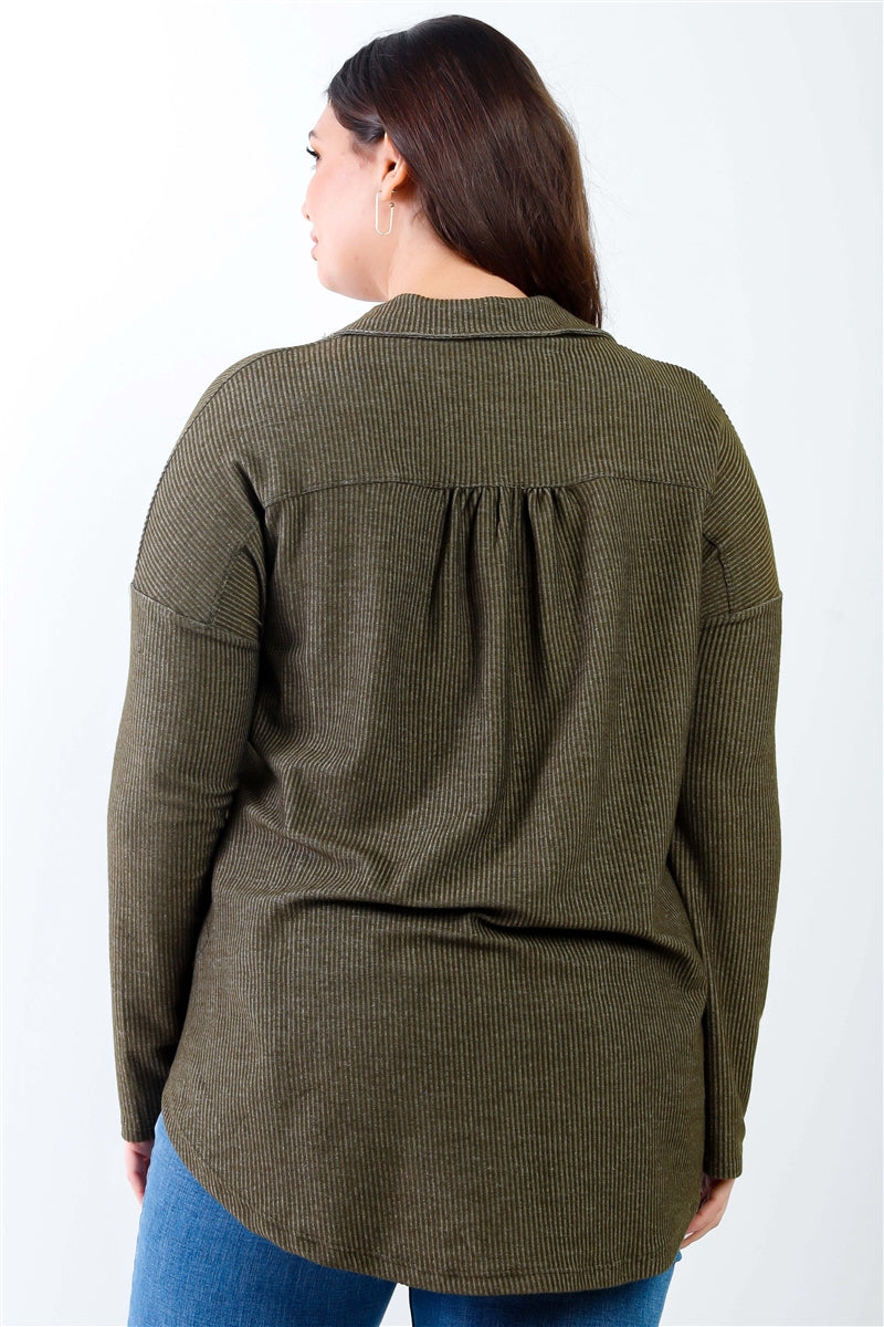 Plus Size Olive Green Ribbed Long sleeve Collared Button Up Shirt Top Shirts & Tops jehouze 