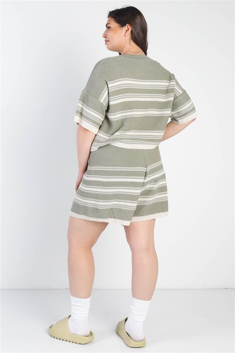 Plus Size Olive Green Striped Knit Short Sleeve Crop Top High Waist Shorts Set Loungewear jehouze 