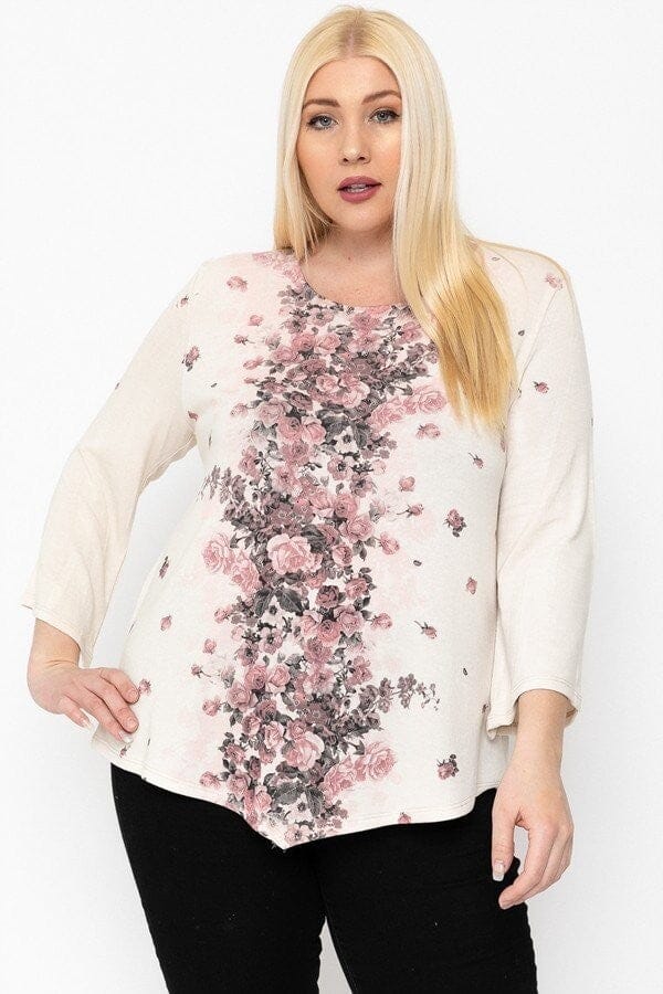 Plus Size Pink Floral Print Top Featuring A Round Neckline And 3/4 Bell Sleeves Shirts & Tops jehouze 