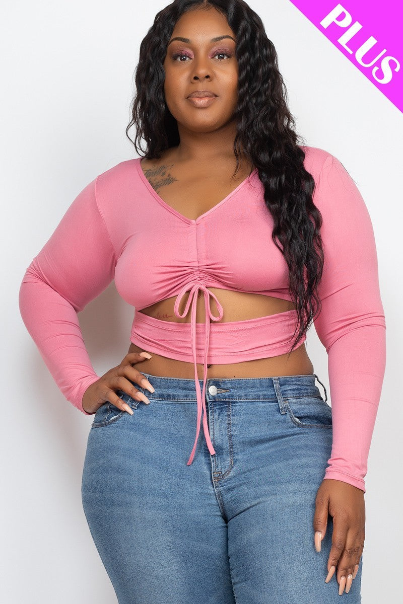 Plus Size Polignac Pink Drawstring Ruched Cutout V Neck Long Sleeve Crop Top Shirts & Tops jehouze 