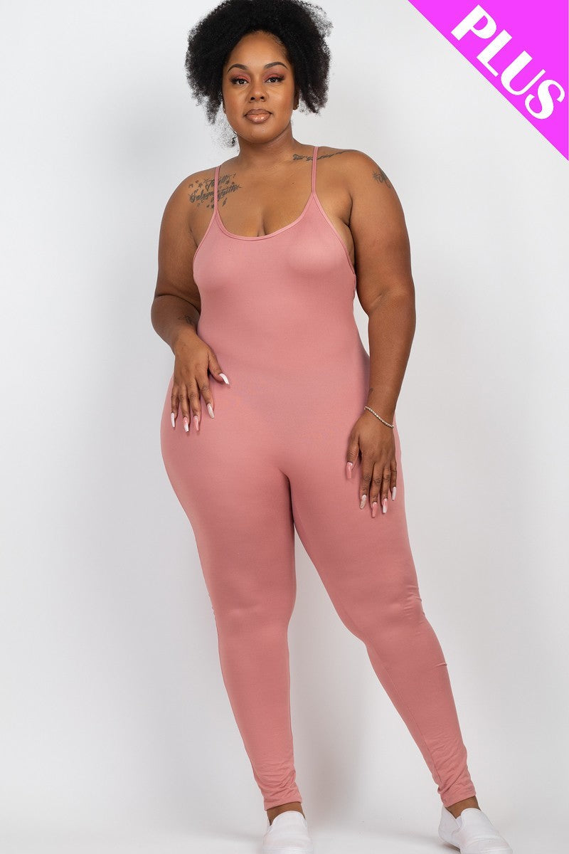 Plus Size Polignac Pink Spaghetti Strap Solid Bodycon Cami Jumpsuit Jumpsuits & Rompers jehouze 