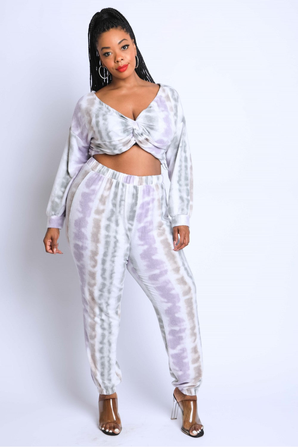 Plus size purple multi Tie Dye Off Shoulder Set Matching Sets jehouze 