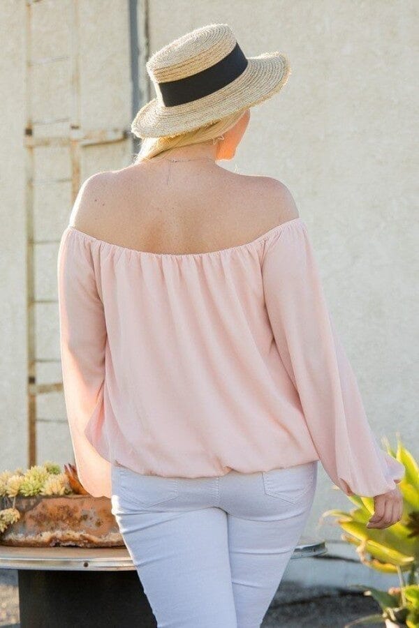 Plus Size Rose Pink Off Shoulder Long Bubble Sleeve Blouse Top Shirts & Tops jehouze 