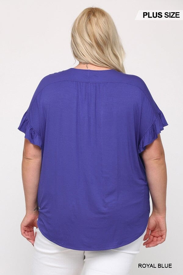 Plus Size Royal Blue V Neck Wrap Ruffle Sleeve Casual Loose Dolman Top Tunic Blouse Shirts & Tops jehouze 