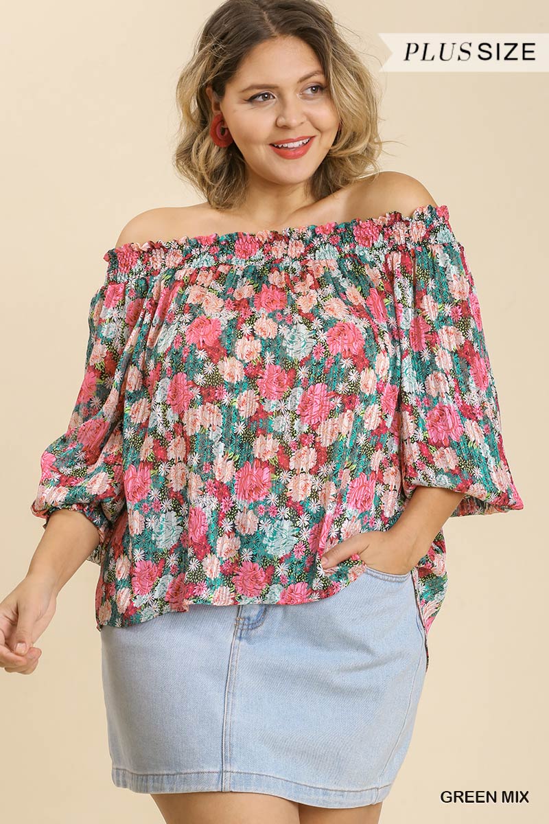 Plus size Sheer Green Floral Print Metallic Threading Long Sleeve Off Shoulder Top With High Low Hem Shirts & Tops jehouze 