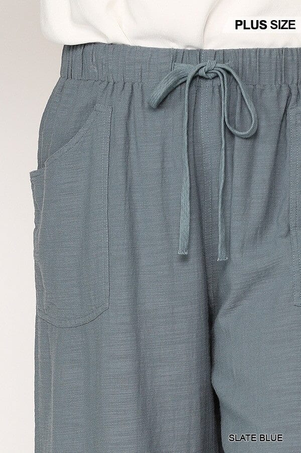 Plus Size Slate Blue Casual Loose Elastic Waist Cotton Trouser frayed Wide Leg Pants With Pockets Bottoms jehouze 