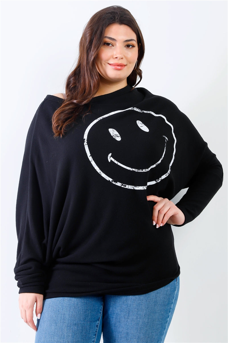 Plus Size Smile Black Front Print Flannel Dolman Long Sleeve Top Shirts & Tops jehouze 