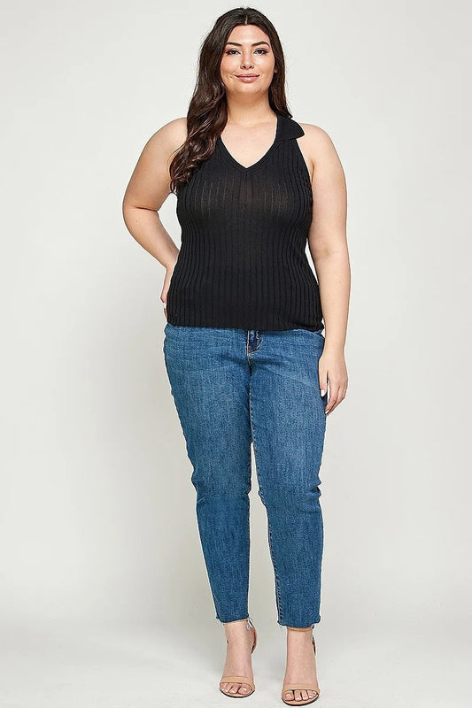 Plus Size Summer Black Solid Ribbed Knit Polo Sleeveless Top Shirts & Tops jehouze 