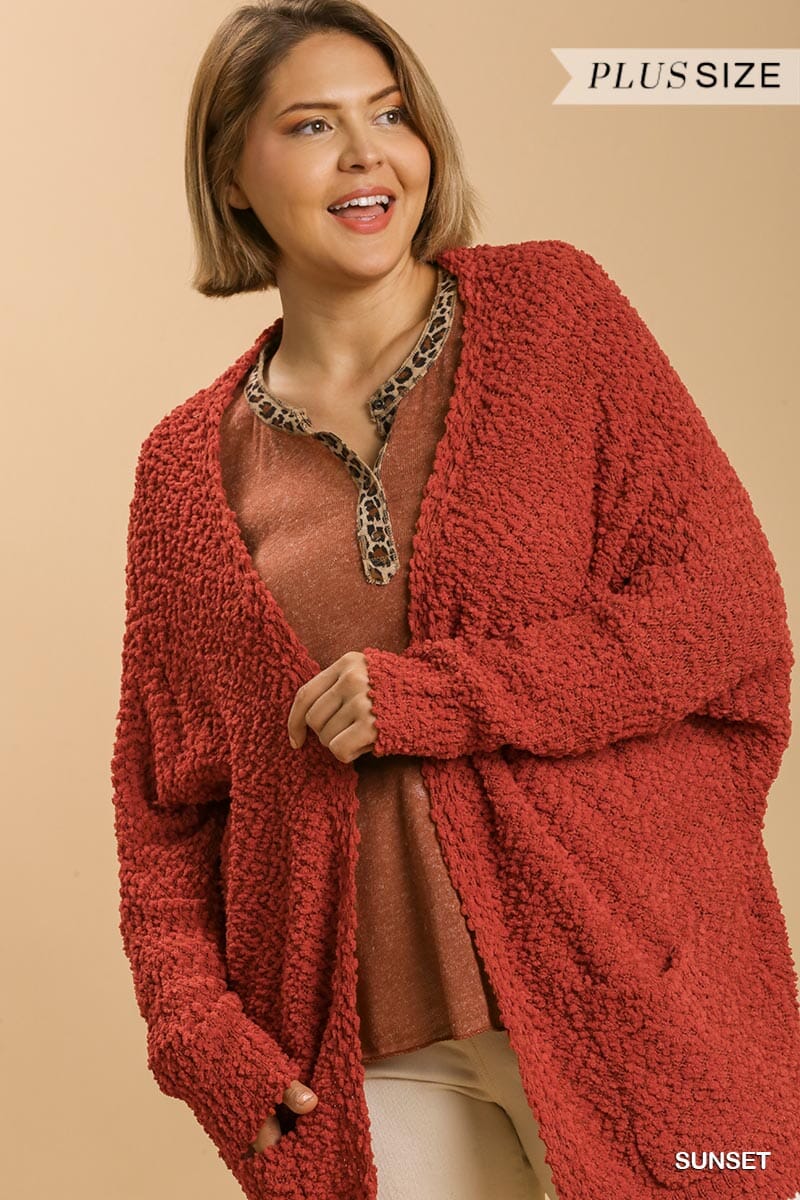 Plus Size Sunset Red Long Sleeve Cardigan Sweater Open Front Fall Outerwear with Pockets Coats & Jackets jehouze 