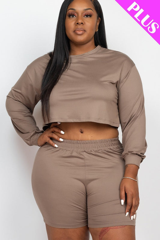 Plus Size Taupe Cozy Crop Top And Shorts Set Matching Sets jehouze 