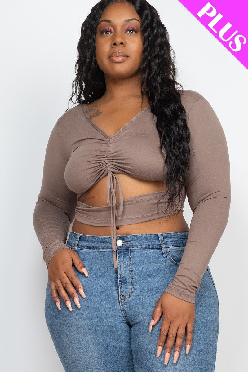 Plus Size Taupe Drawstring Ruched Cutout V Neck Long Sleeve Crop Top Shirts & Tops jehouze 