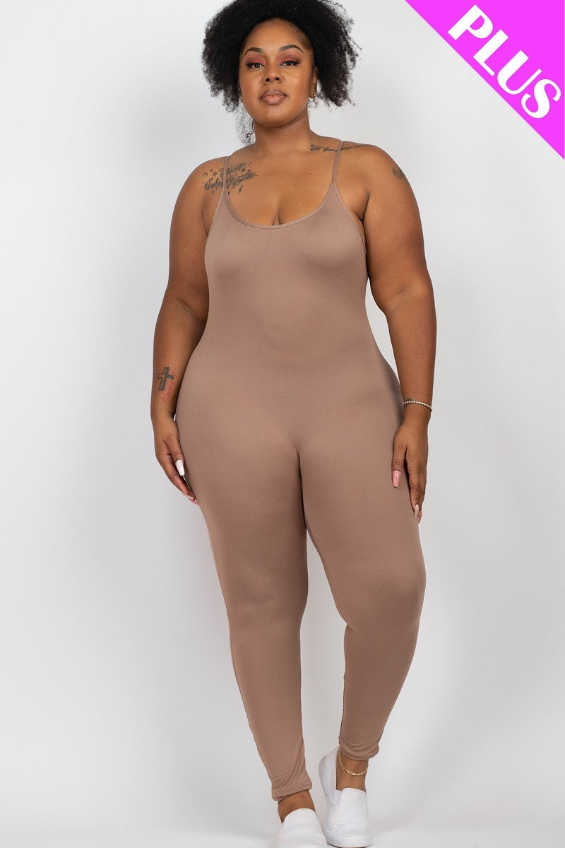 Plus Size Taupe Grey Spaghetti Strap Solid Bodycon Cami Jumpsuit Jumpsuits & Rompers jehouze 