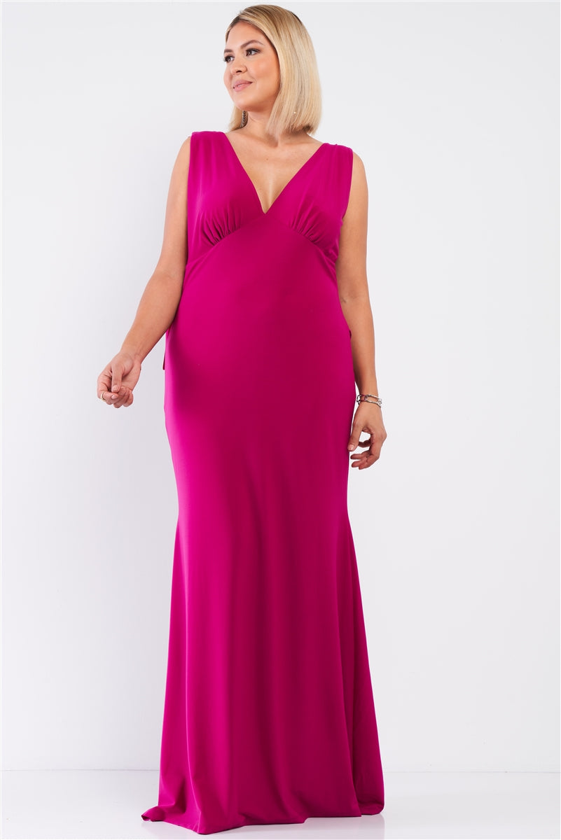 Plus Size Very Berry Pink Draped Back V-neck Sleeveless Maxi Dress Dresses jehouze 