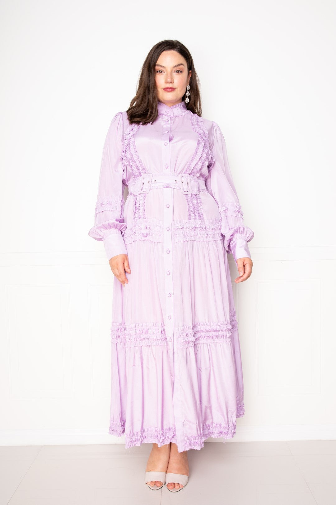 Plus Size Violet long Sleeve Button Down Belted Ruffle Flowy Maxi Dress Dresses jehouze 