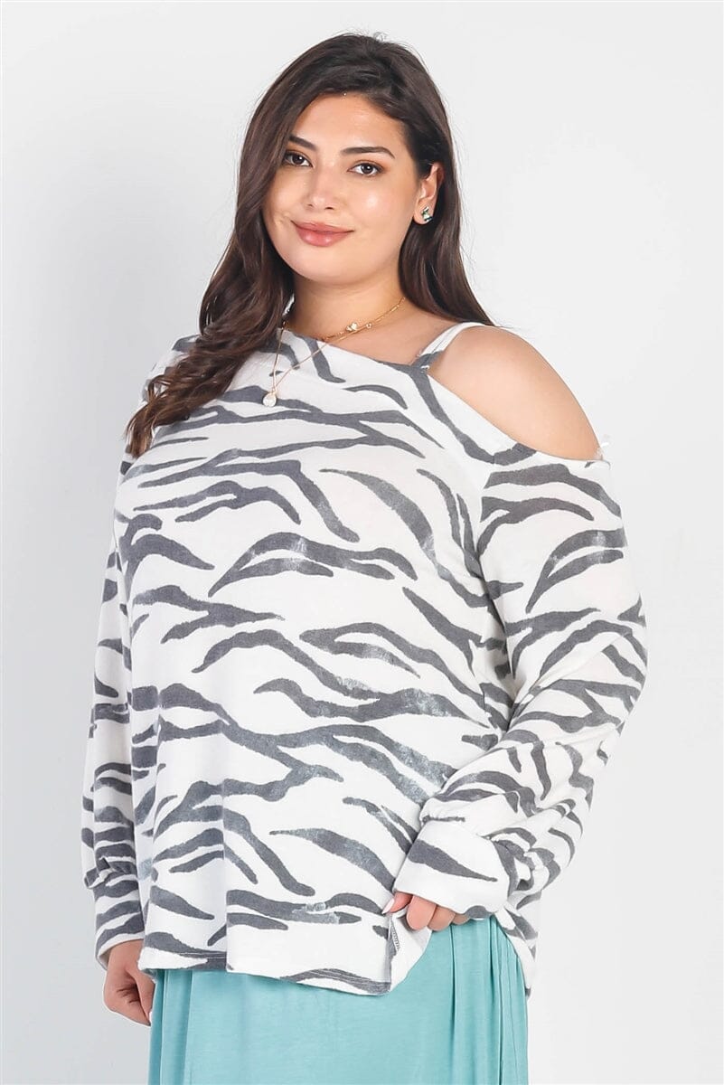 Plus Size White & Charcoal Zebra Flannel Cold Shoulder Long Sleeve Top jehouze 