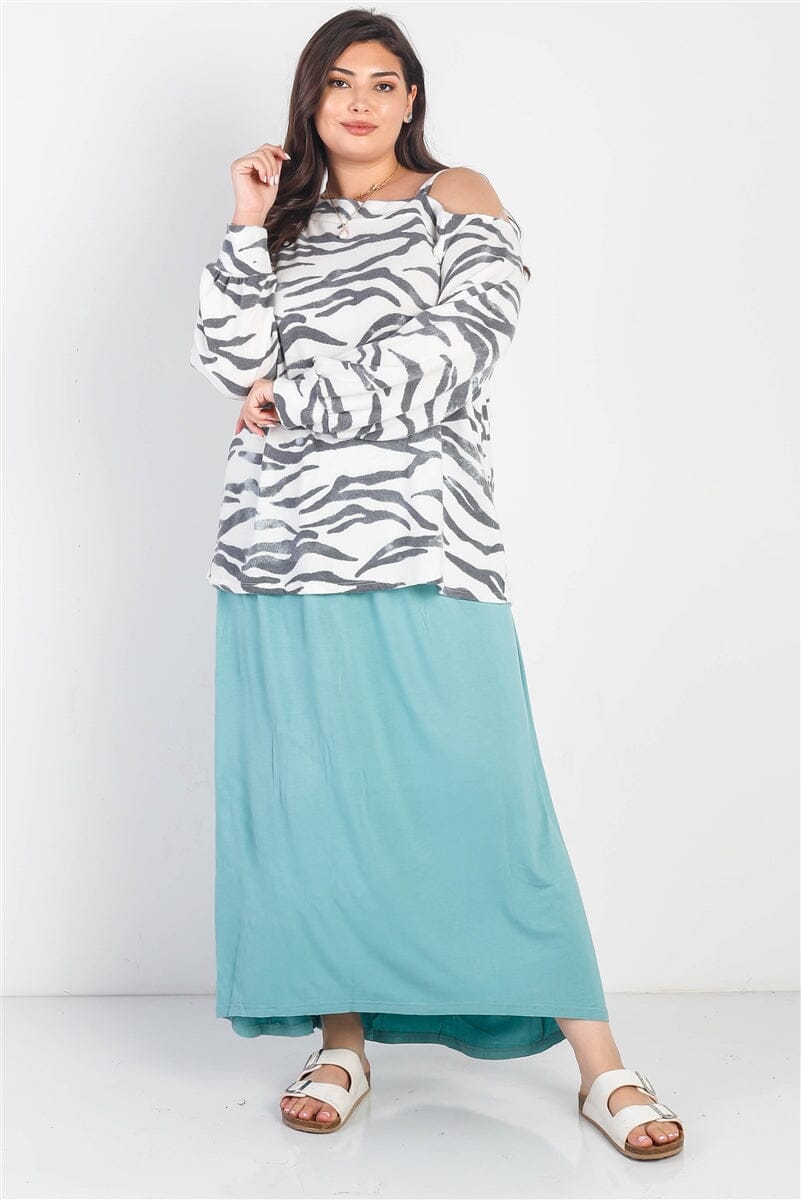 Plus Size White & Charcoal Zebra Flannel Cold Shoulder Long Sleeve Top jehouze 