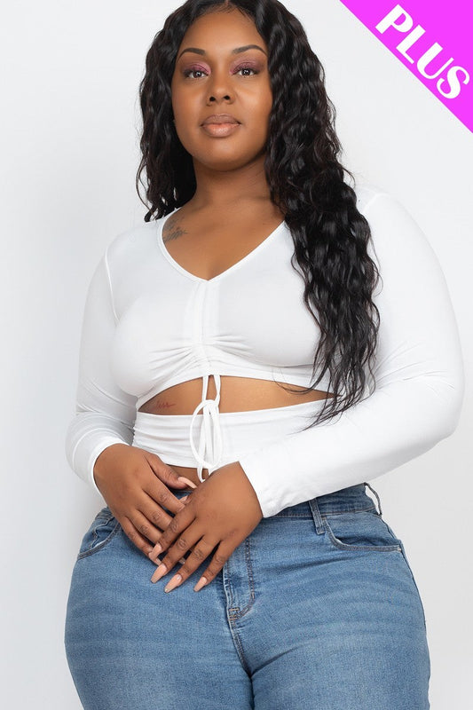 Plus Size White Drawstring Ruched Cutout V Neck Long Sleeve Crop Top Shirts & Tops jehouze 