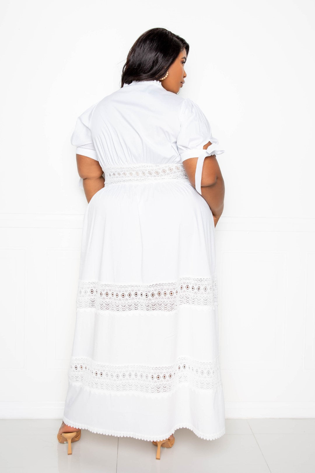 Plus Size White Puff Sleeve Maxi Dress With Lace Insert Dresses jehouze 